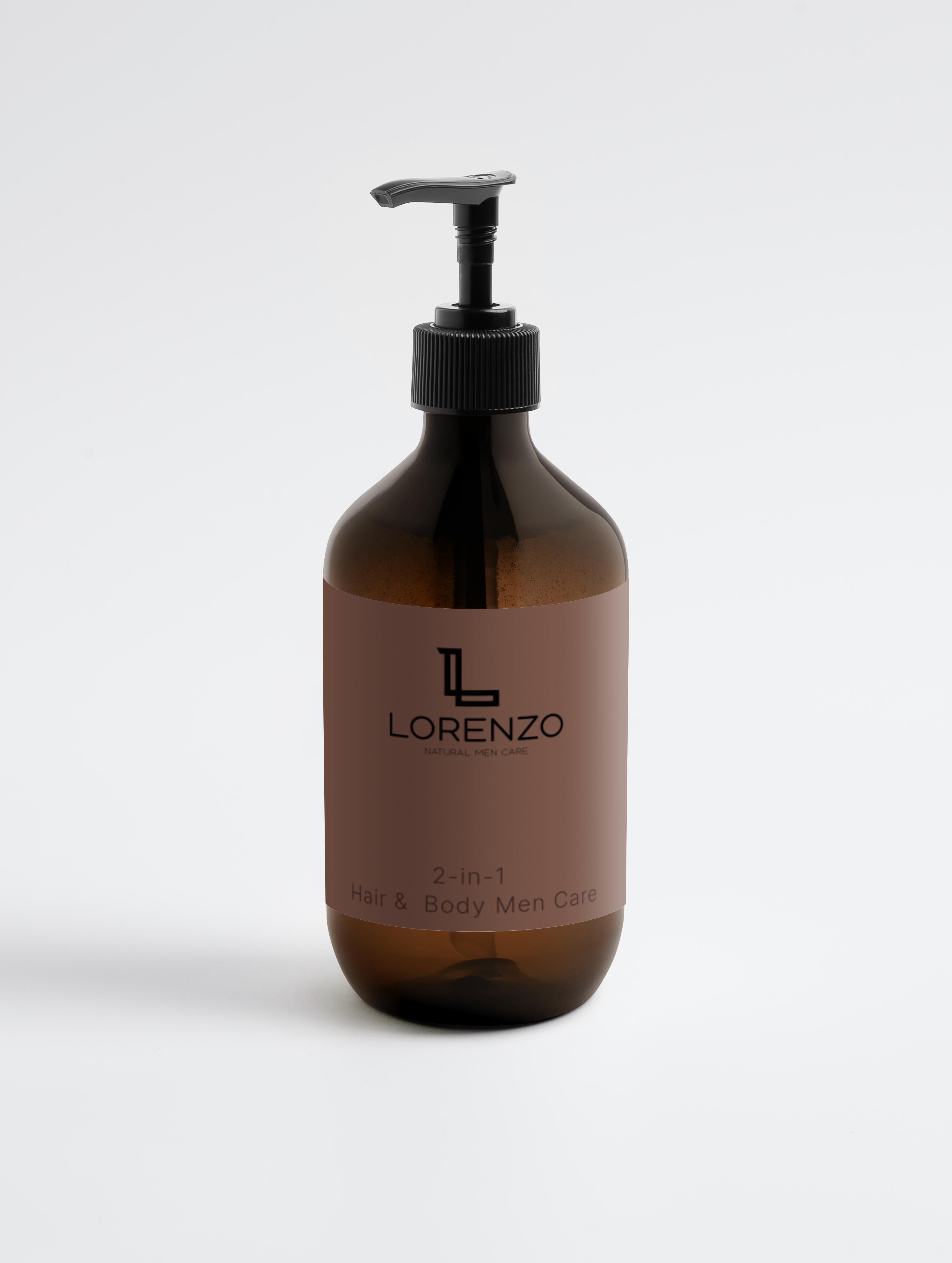 Luxuriöses Men Care Duschgel in brauner Flasche zum Pumpen auf weißem Hintergrund mit schwarzer Schrift auf der Flasche