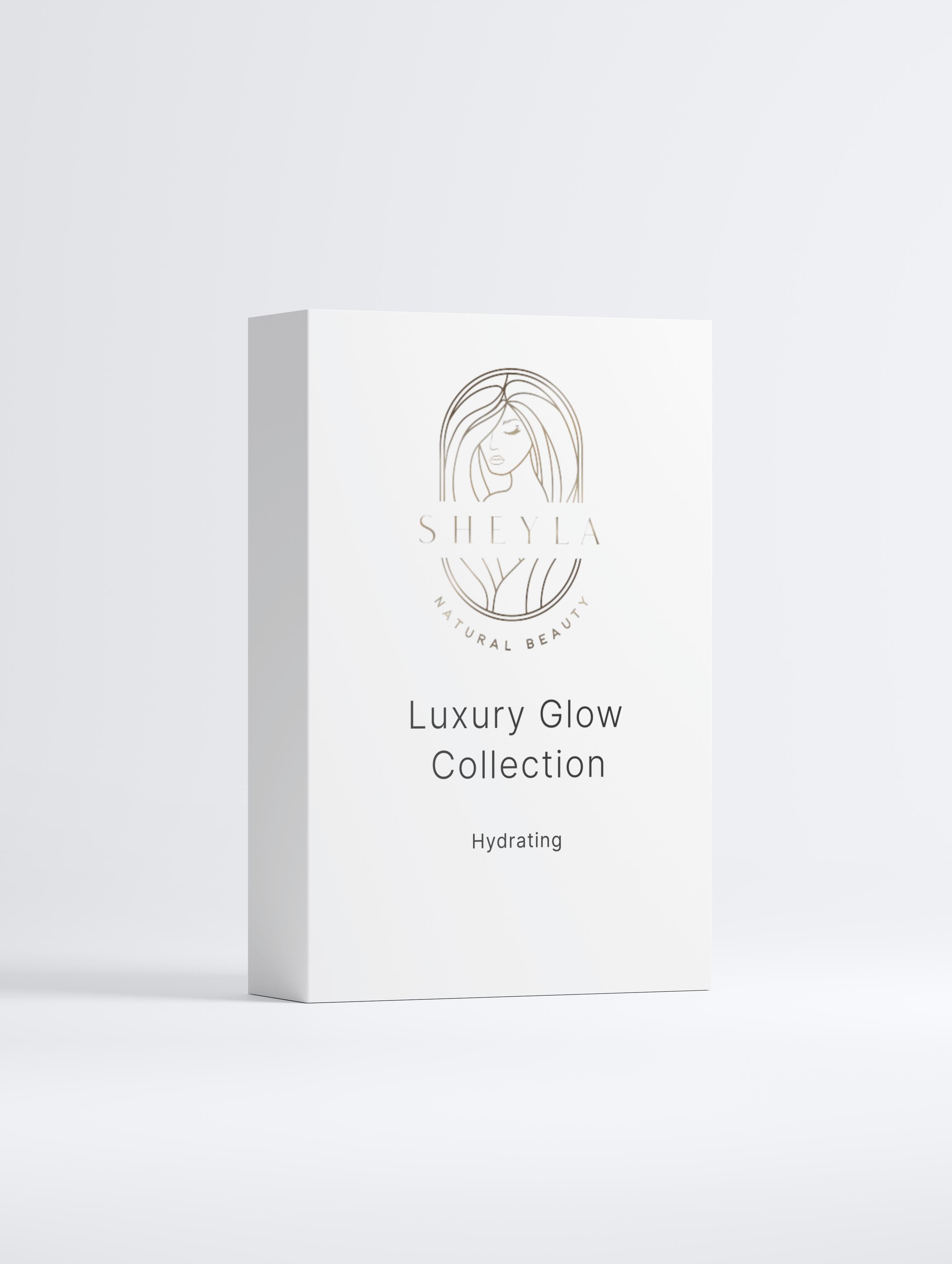 Luxury Glow Collection von Sheyla – Pflegeset in eleganter weißer Box mit Logo, bestehend aus Sonnencreme SPF 30, Hydra Boost Gel und Refresh Eye Cream, auf hellem Hintergrund