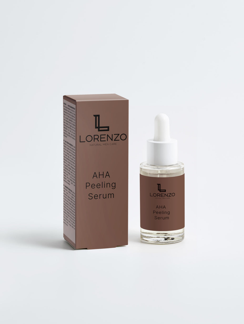 AHA Peeling Serum kleine glasflasche mit pipete und braunes design daneben braune verpackung