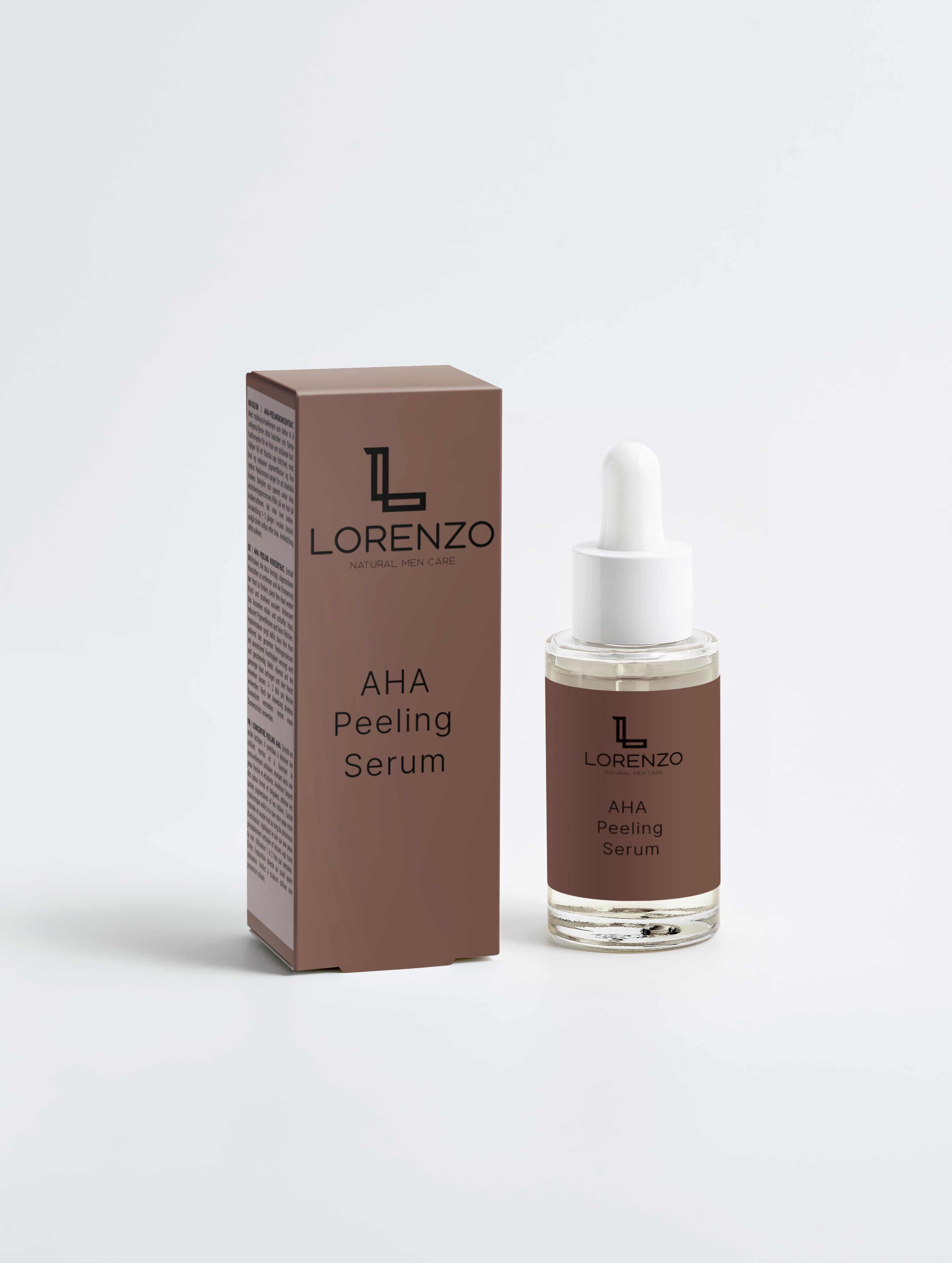 AHA Peeling Serum kleine glasflasche mit pipete und braunes design daneben braune verpackung