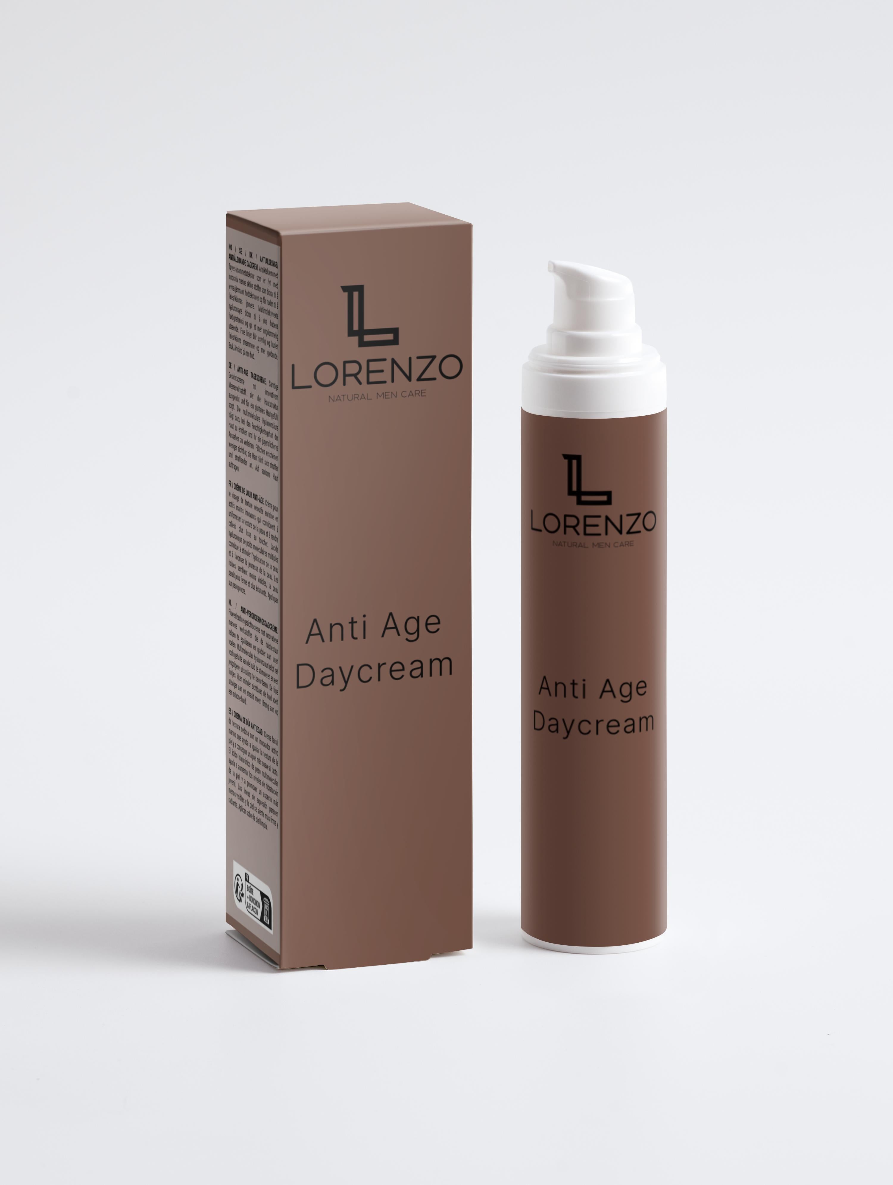 Lorenzo Anti age daycream braune flasche mit pumpfunktion daneben die braune verpackung