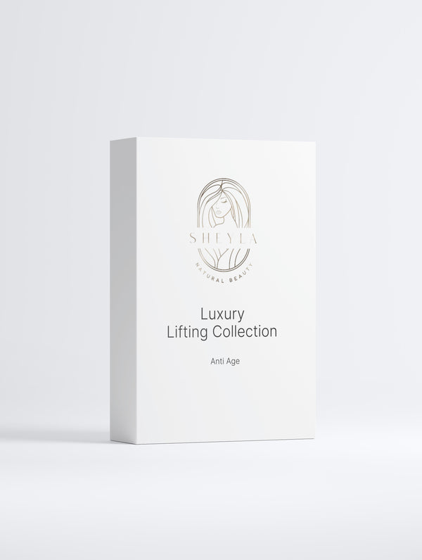 Luxury Lifting Collection von Sheyla – Pflegeset in eleganter weißer Box mit Logo, bestehend aus Anti-Aging Tagescreme, Peptid-Serum und Augencreme, auf hellem Hintergrund