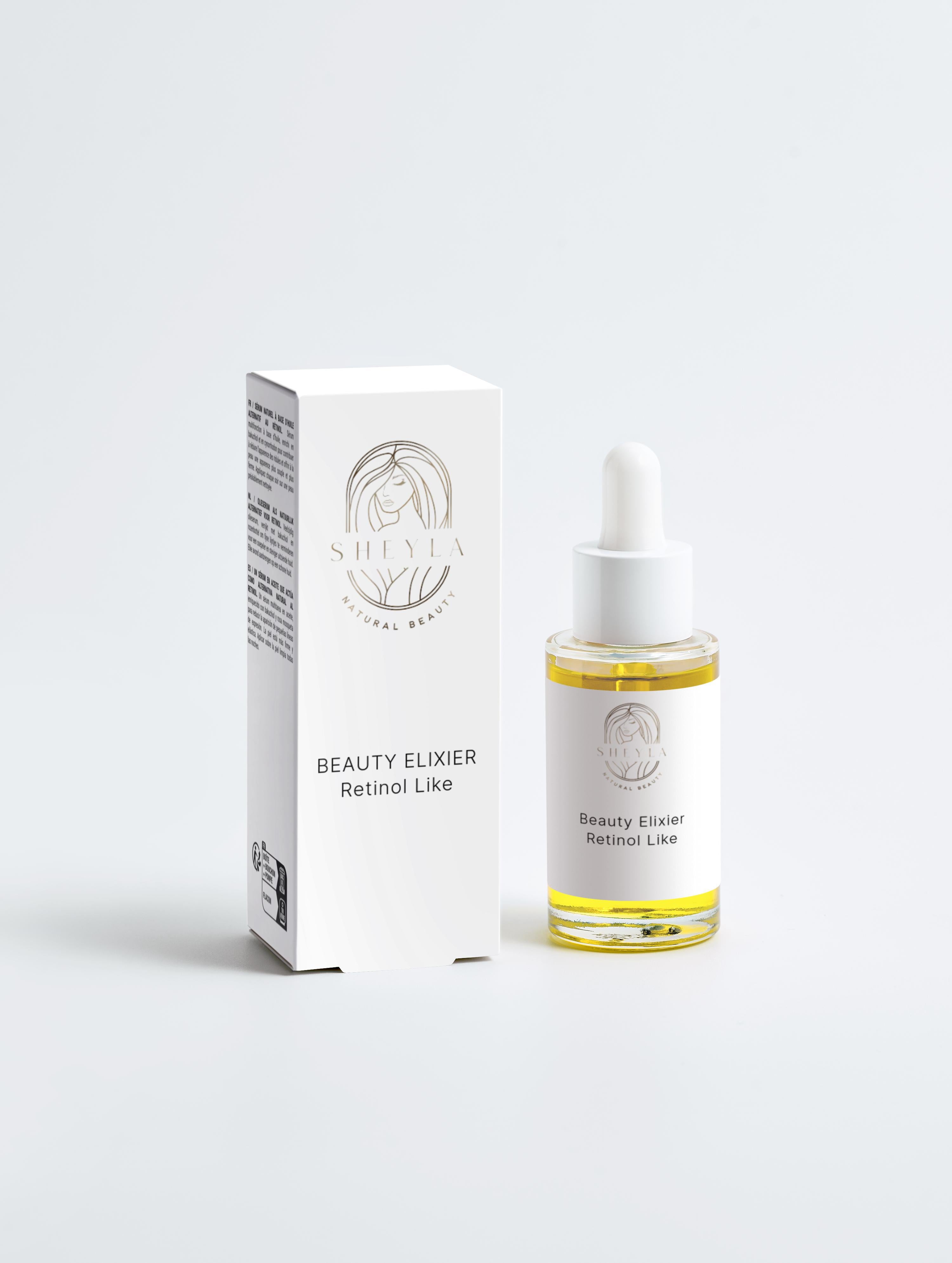 Beauty Elixier retinol like  glasflasche neben weißer verpackung glaspipete serum