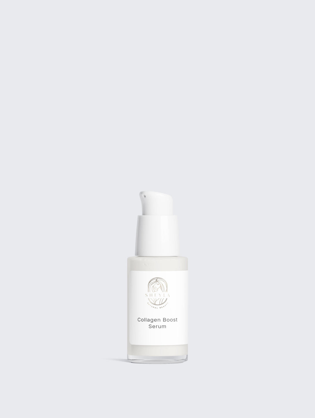 Collagen Boost Serum von Sheyla – edle Glasflasche mit Pipette  auf hellem Hintergrund
