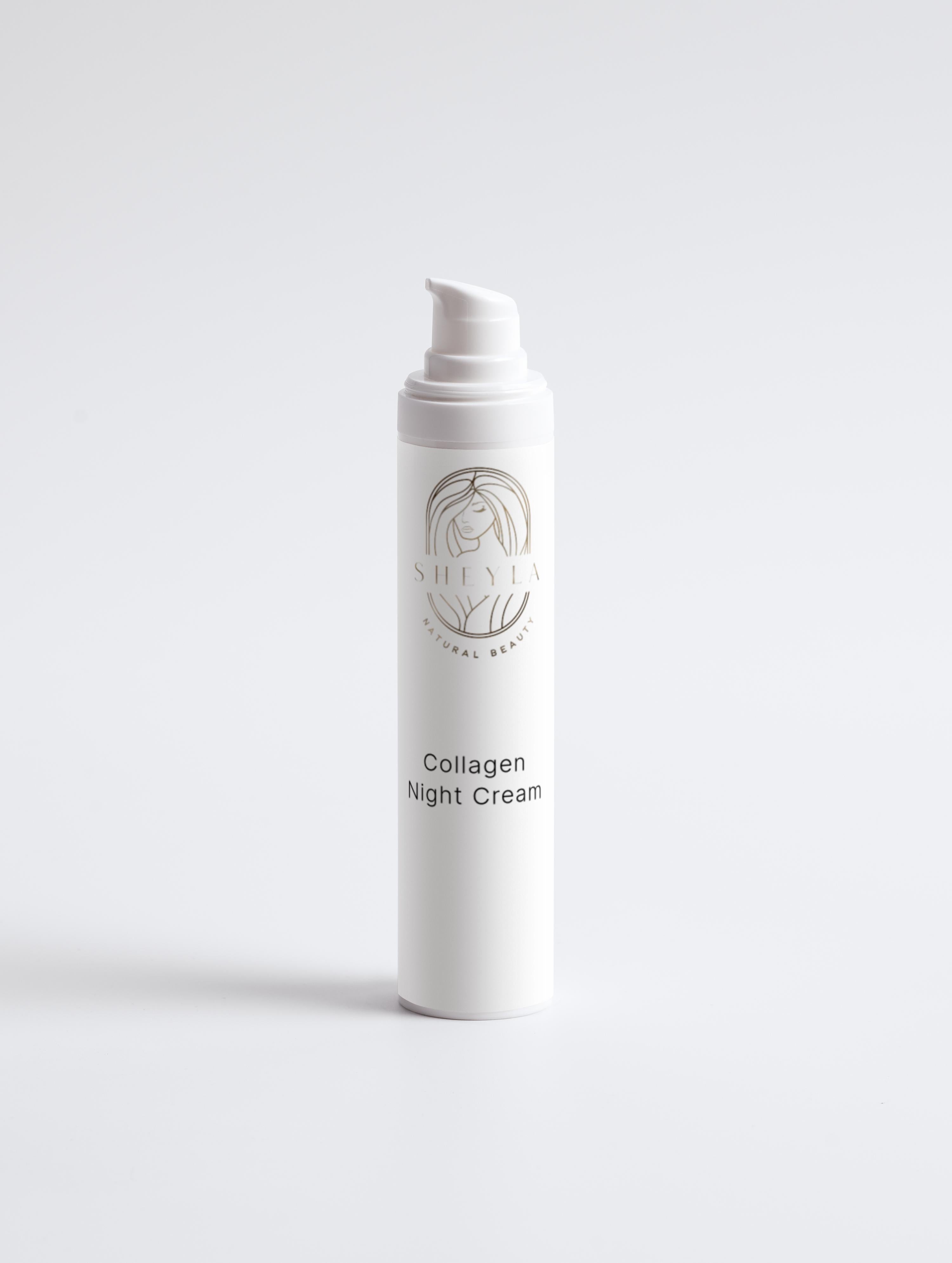 Collagen Night Cream von Sheyla – reichhaltige Nachtpflege in weißer Dose , auf hellem Untergrund präsentiert