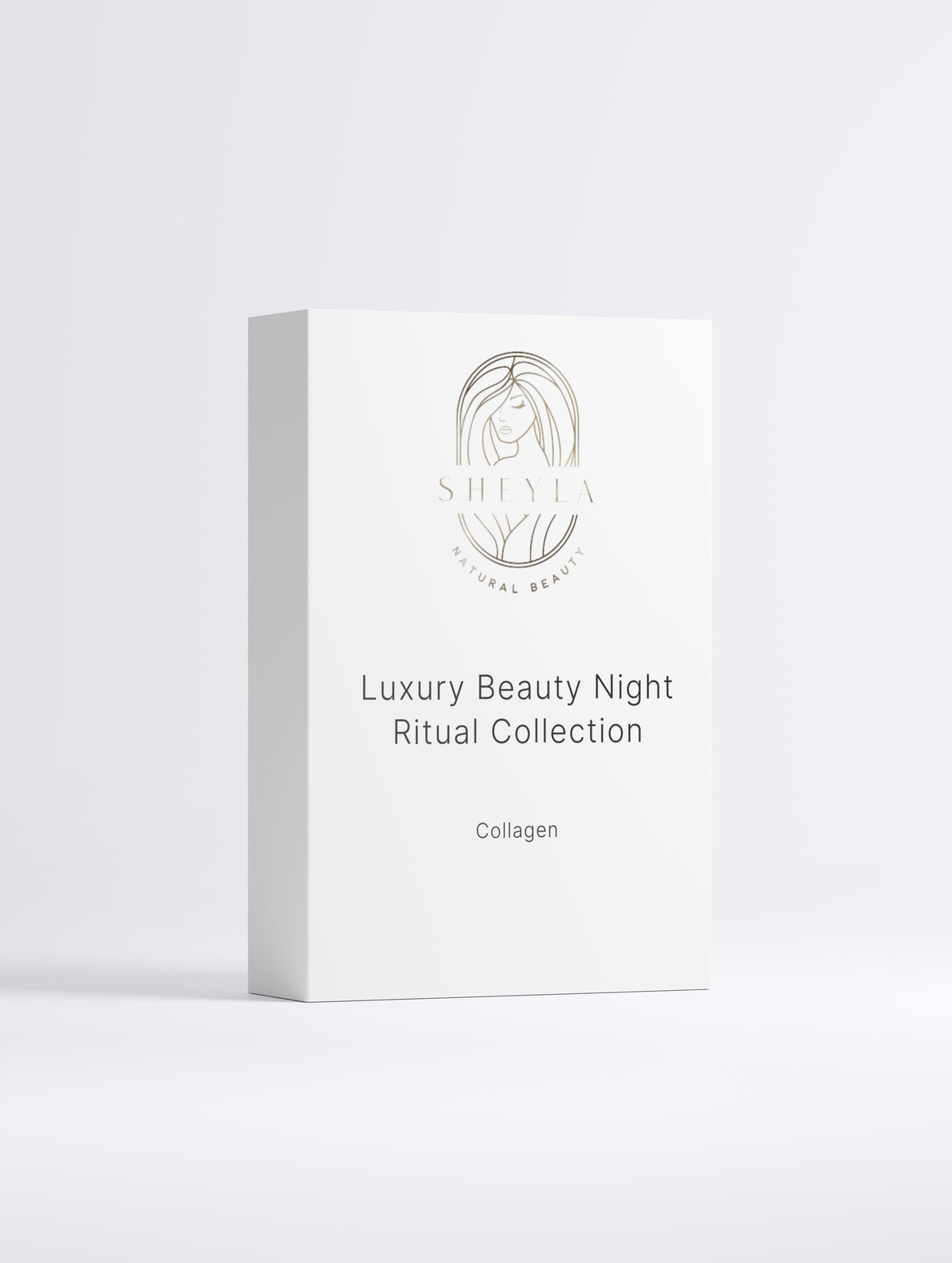 Luxury Beauty Night Ritual von Sheyla – nächtliches Pflegeset mit Collagen Boost Serum, Smoothie Eye Cream und Collagen Night Cream, elegant arrangiert auf hellem Hintergrund