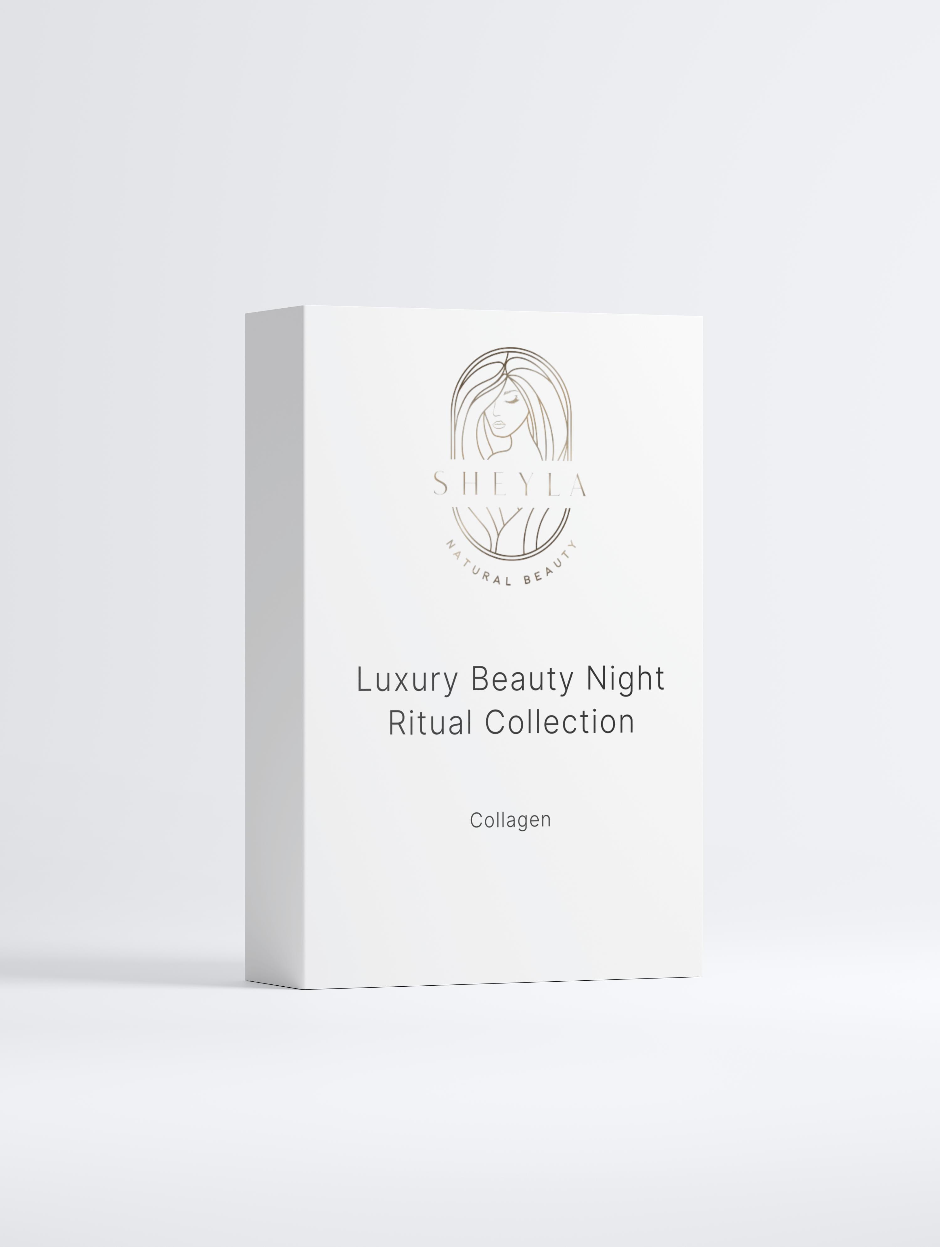 Luxury Beauty Night Ritual von Sheyla – nächtliches Pflegeset mit Collagen Boost Serum, Smoothie Eye Cream und Collagen Night Cream, elegant arrangiert auf hellem Hintergrund