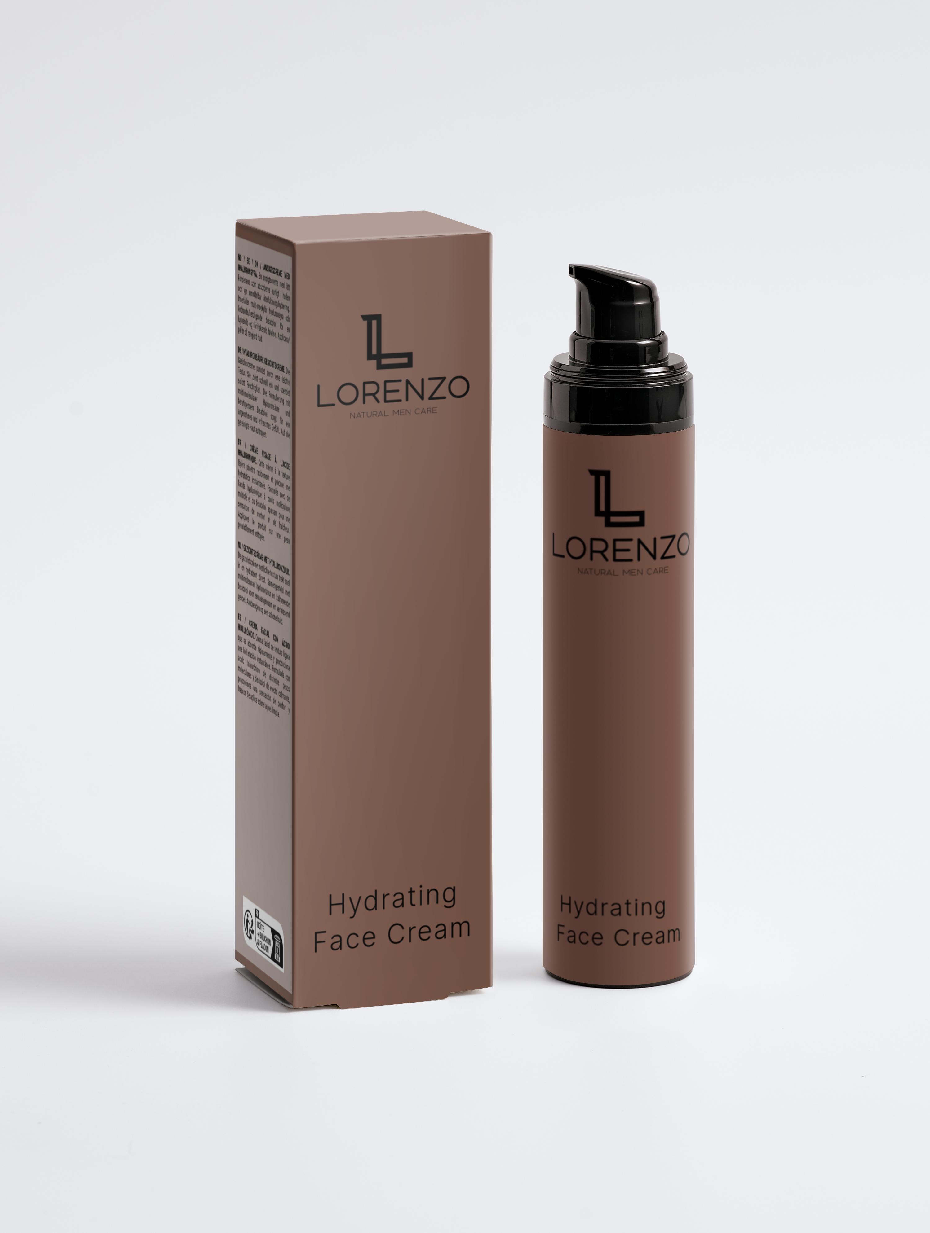Hyaluron Face Cream in rauner Flasche mit schwarzem Deckel Pumpflasche steht neben Verpackung mit schwarzer Schrift und weißem Hintergrund