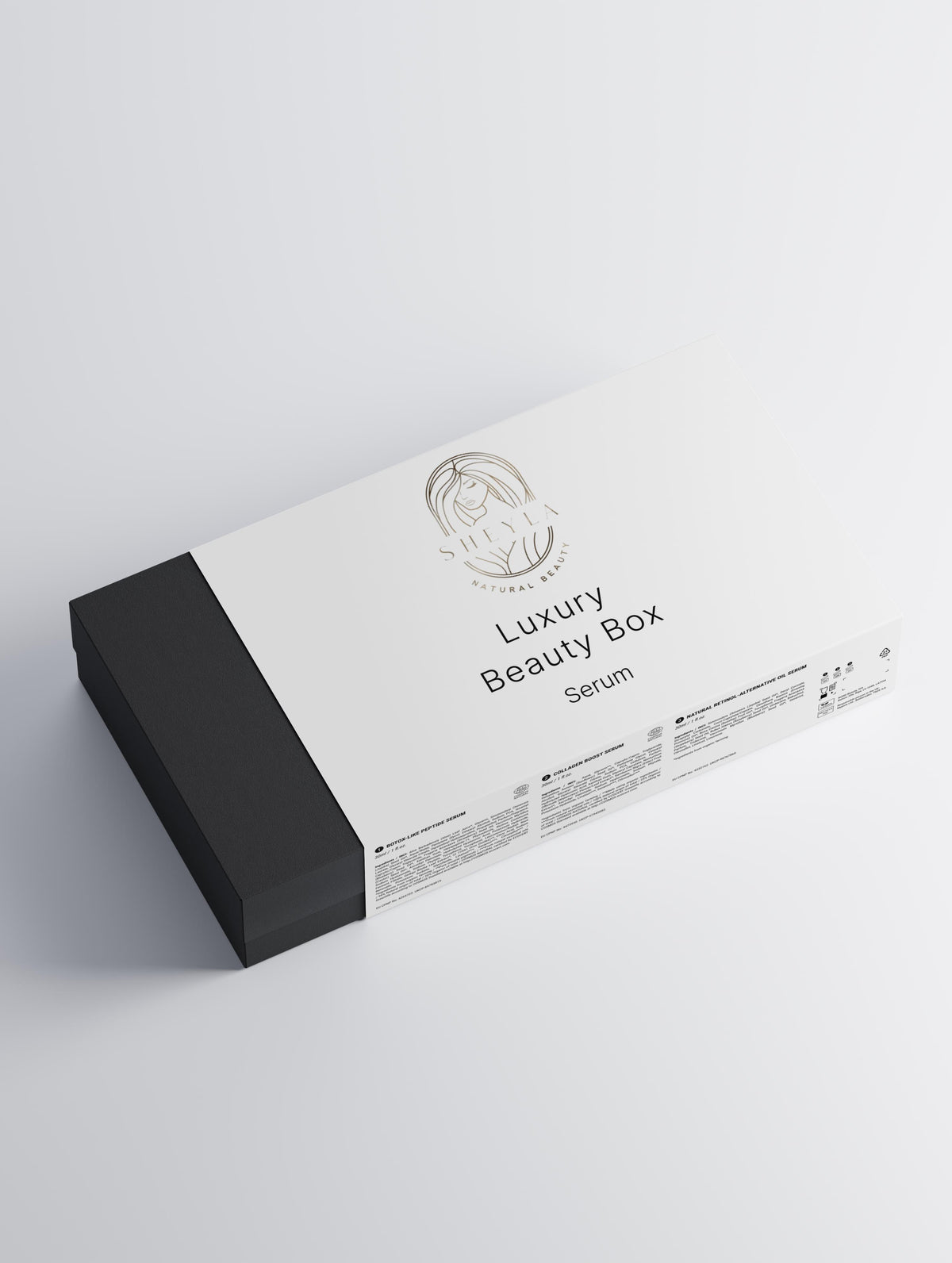 luxury Serum Beauty Collection von Sheyla – Set aus mehreren Seren in eleganter weißer Box mit schwarzer Beschriftung, auf hellem Hintergrund