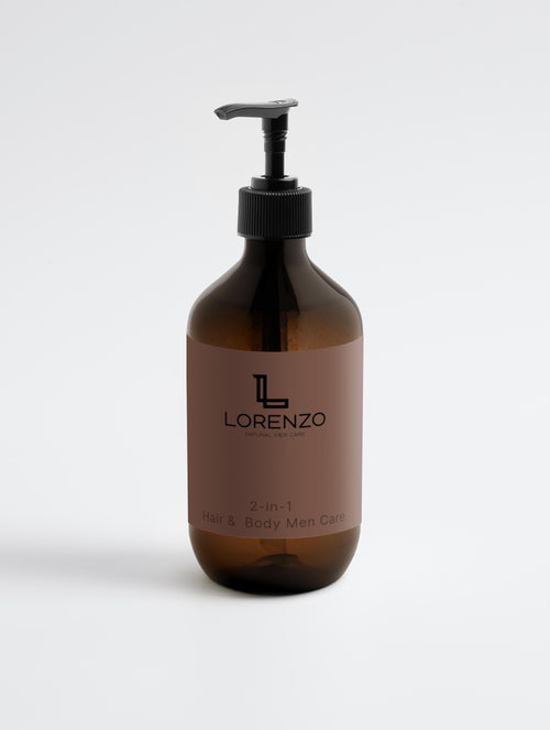 Luxuriöses Men Care Duschgel in brauner Flasche zum Pumpen auf weißem Hintergrund mit schwarzer Schrift auf der Flasche