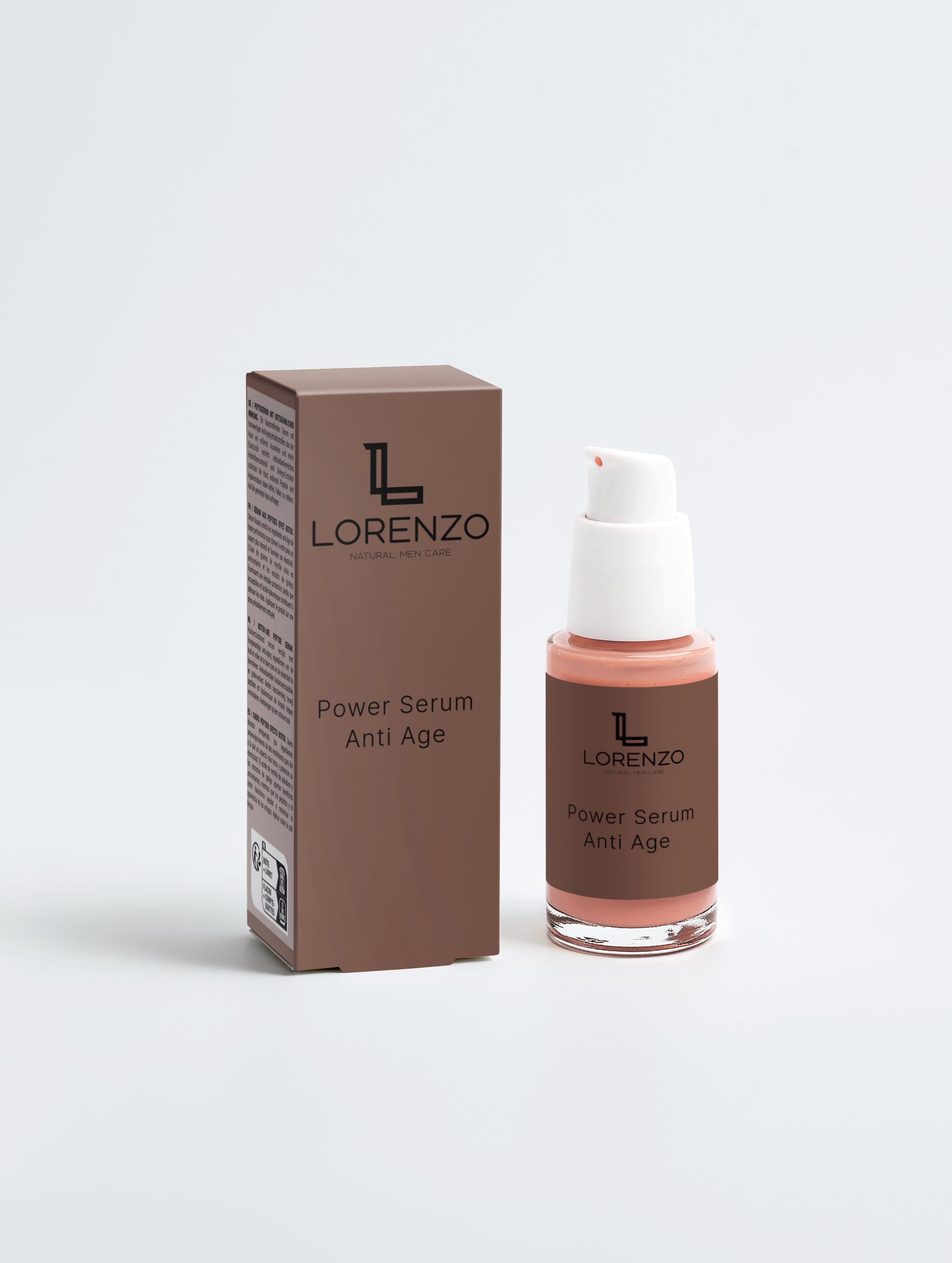 Power Serum Anti Age Glasflasche mit serum außen braun  daneben die verpackung braun und weißen hintergrund