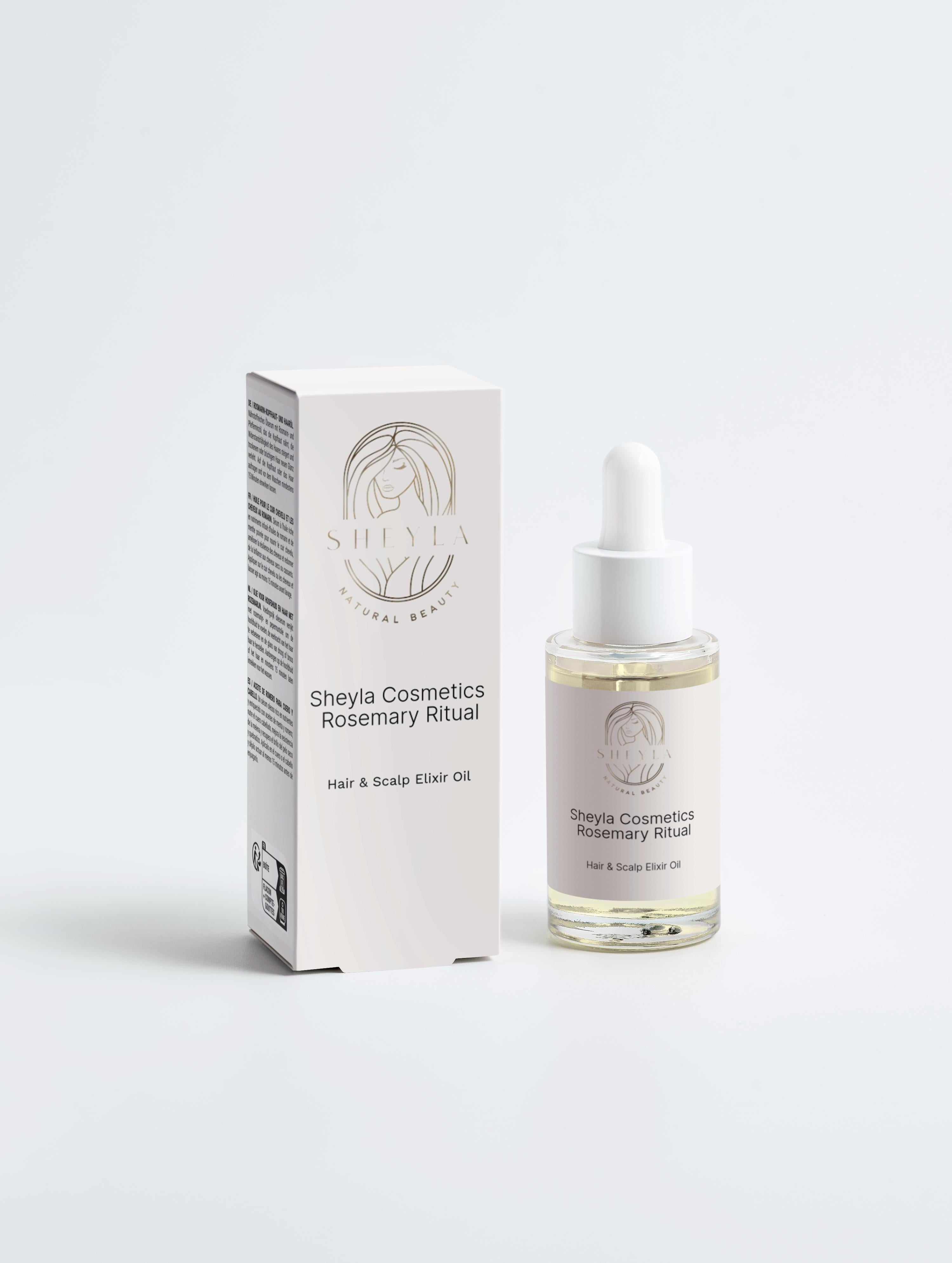 Haar- und Kopfhautöl „Rosemary Ritual“ von Sheyla Cosmetics, bestehend aus einer klaren Pipettenflasche und passender Produktverpackung, minimalistisch präsentiert vor weißem Hintergrund.