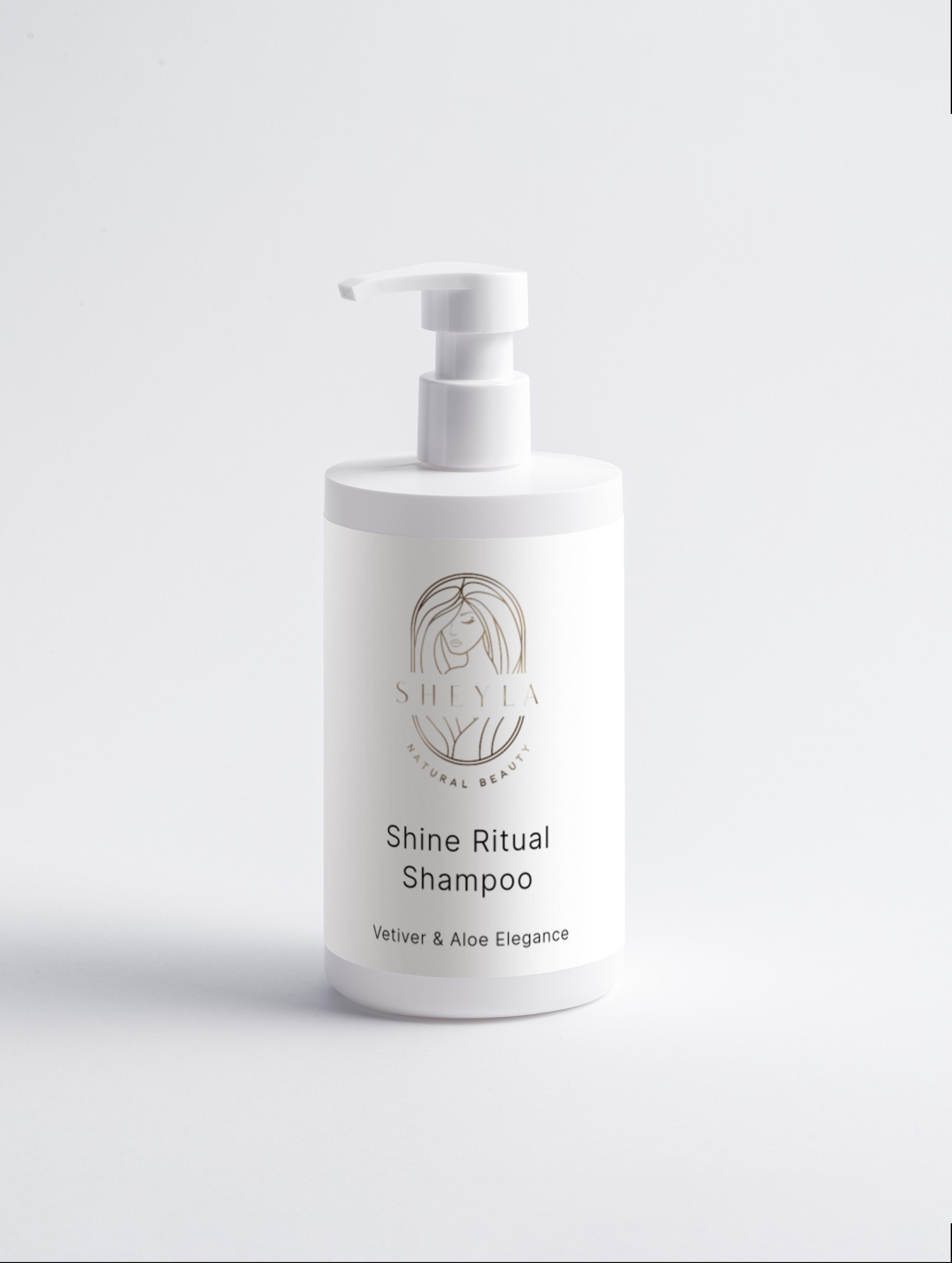Shine Ritual Shampoo von Sheyla – weiße Flasche mit Pumpspender, Aufschrift ‚Vetiver & Aloe Elegance‘, auf hellem Hintergrund