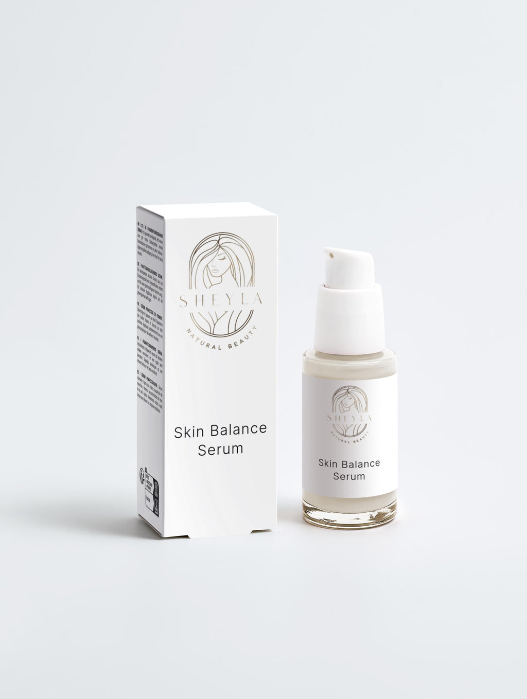 Skin Balance Serum von Sheyla – weißes Pumpspenderfläschchen neben passender Produktverpackung auf hellem Hintergrund