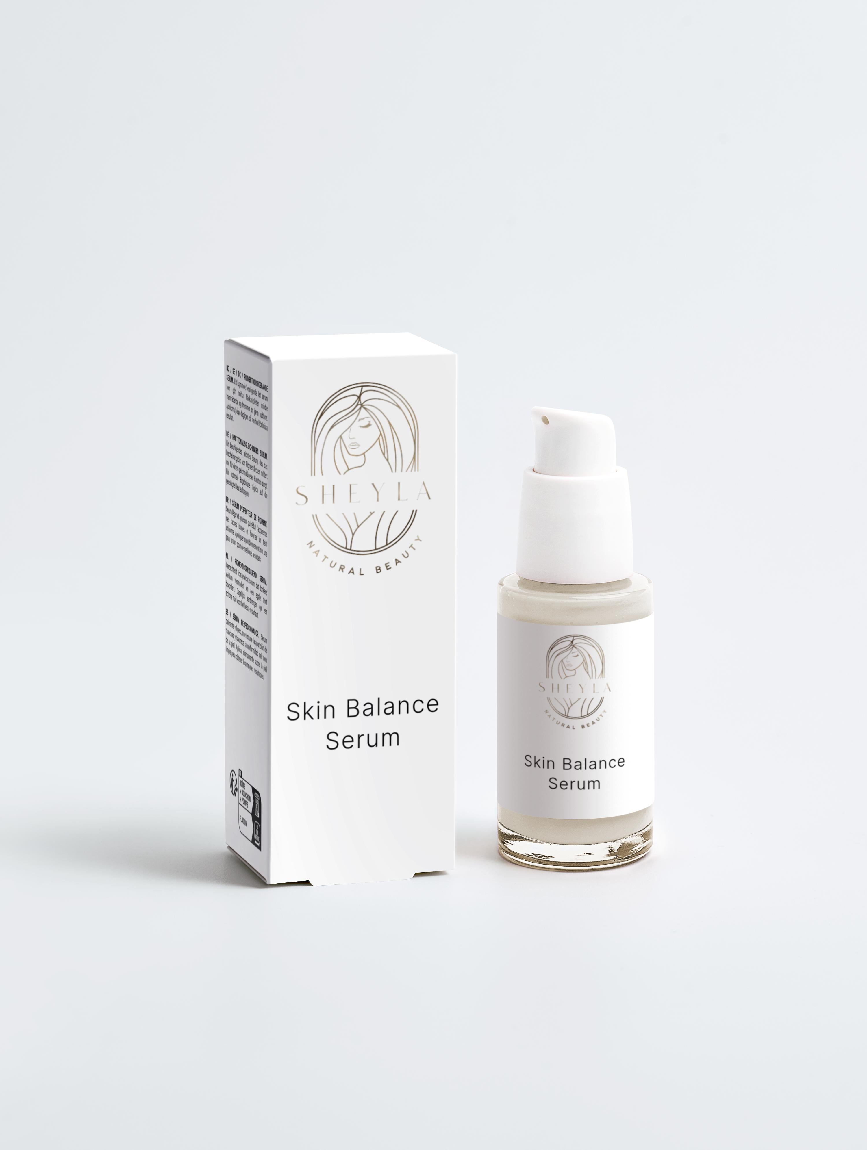 Skin Balance Serum von Sheyla – weißes Pumpspenderfläschchen neben passender Produktverpackung auf hellem Hintergrund