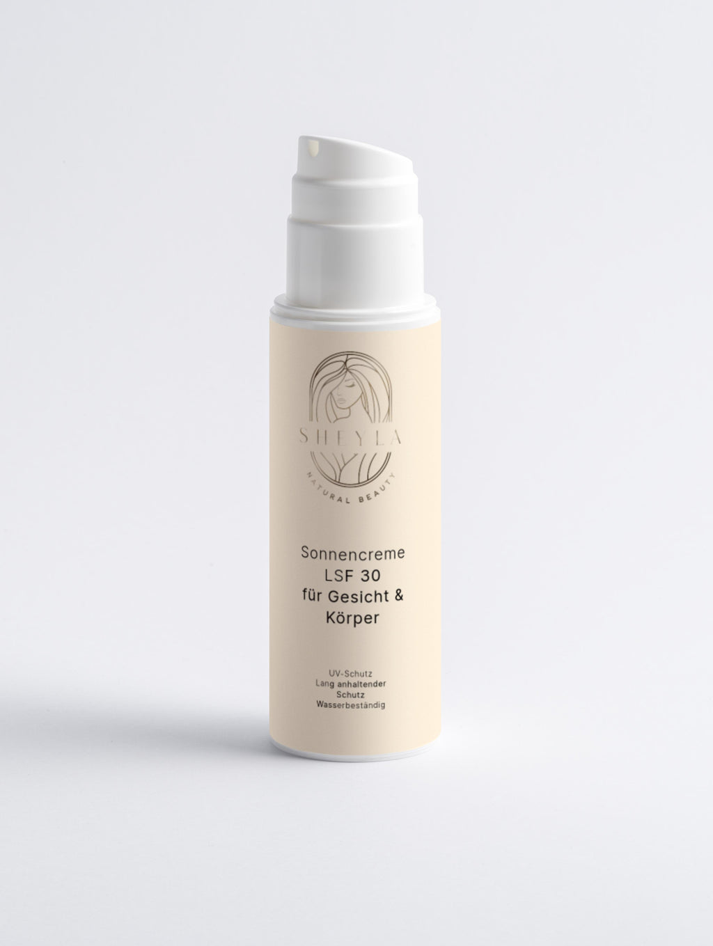 Sheyla Sonnencreme SPF 30 – Tube mit Hautfarbenen Design Gesicht und Körper, stehend auf hellem Hintergrund 