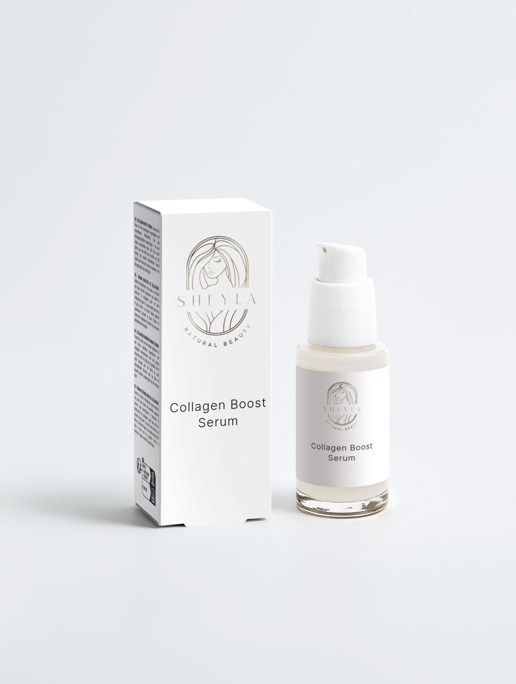 Collagen boost serum glasflasche mit pumpfunktion weißen hintergrund