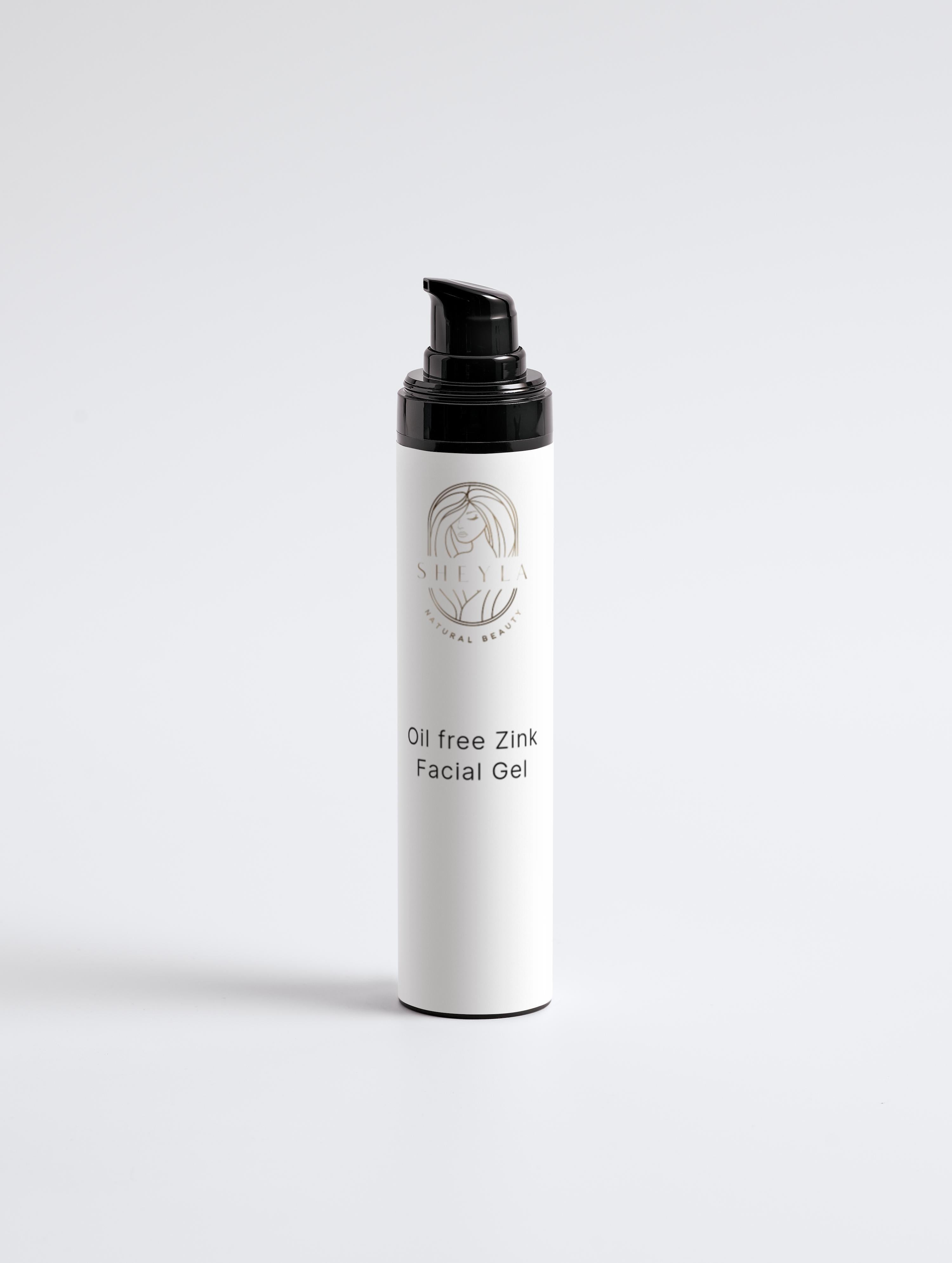 Öl freies Zink Gel in weißer Pumpflasche schwarze Schrift goldenes Logo weißer Hintergrund