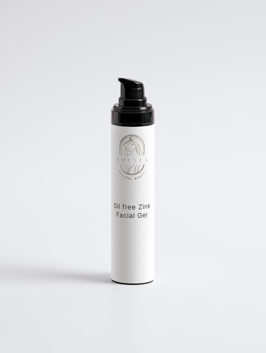 Öl freies Zink Gel in weißer Pumpflasche schwarze Schrift goldenes Logo weißer Hintergrund