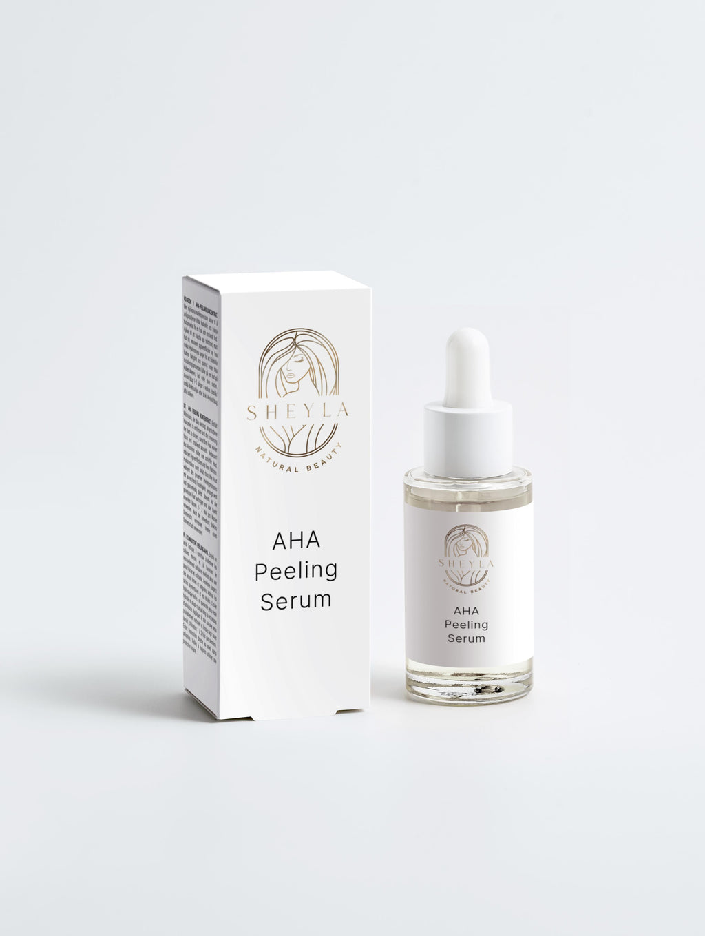 AHA Peeling Serum von Sheyla – Glasflasche mit Pipette und weißer Produktverpackung, vor neutralem Hintergrund platziert