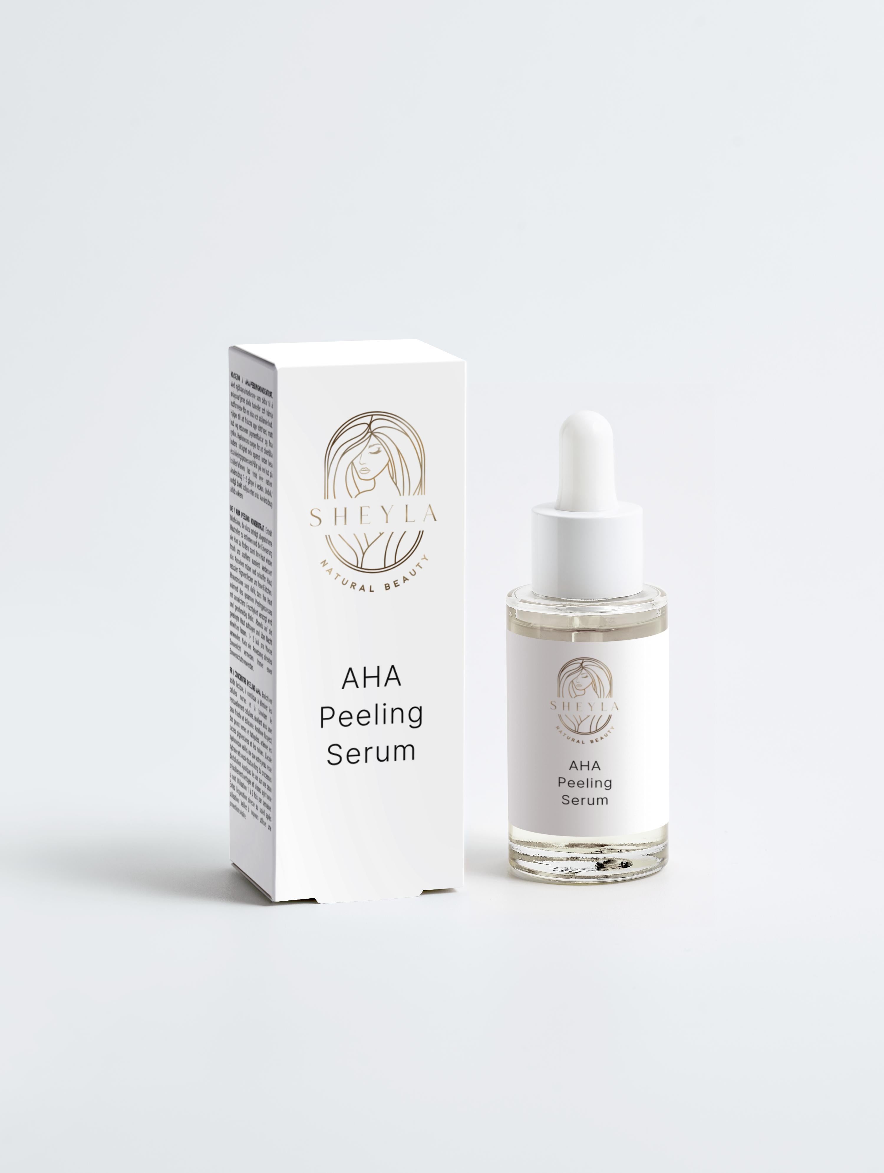 AHA Peeling Serum von Sheyla – Glasflasche mit Pipette und weißer Produktverpackung, vor neutralem Hintergrund platziert
