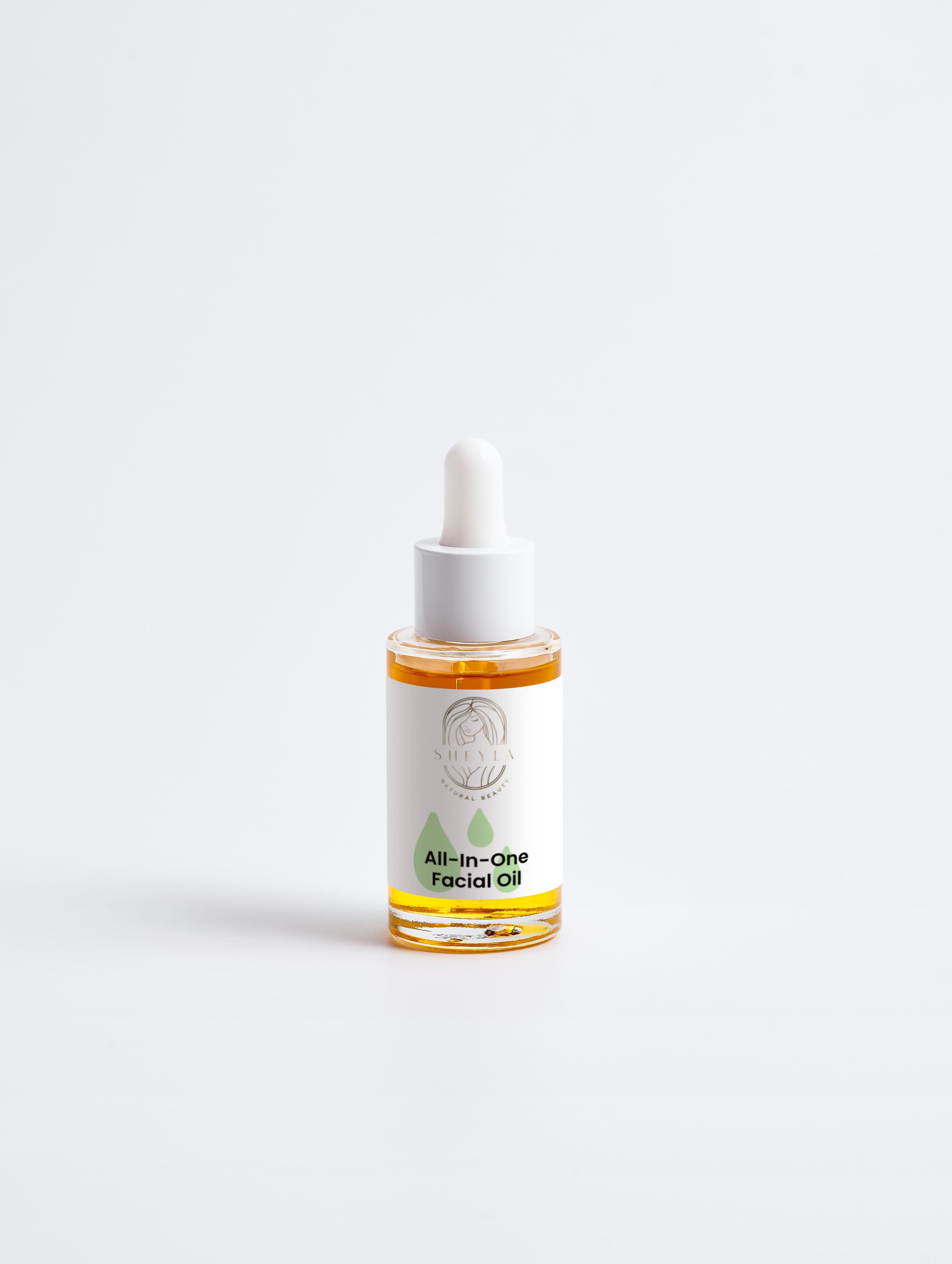 „All in One Facial Oil von Sheyla – luxuriöses Gesichtsöl in transparenter Glasflasche mit Pipette