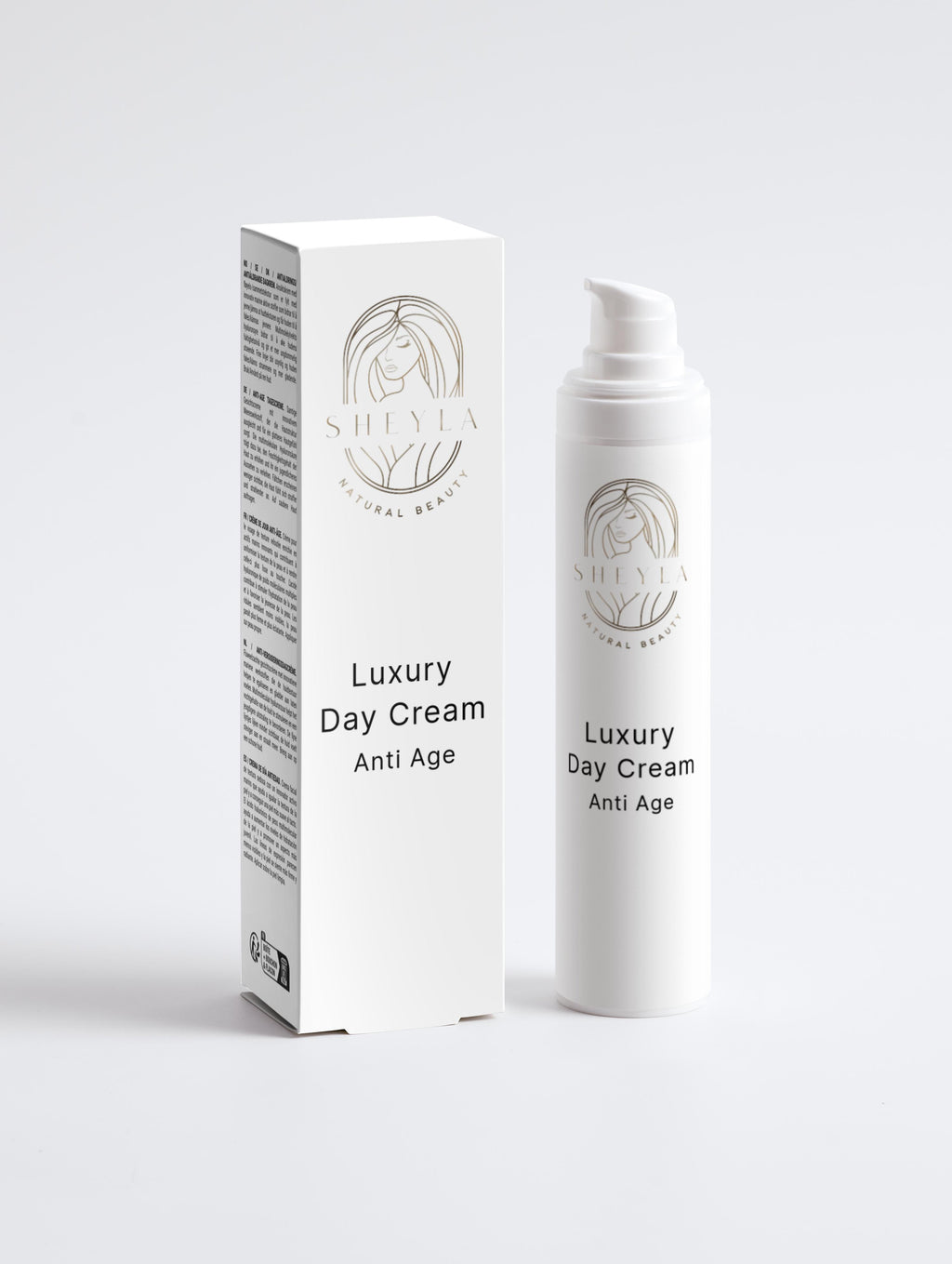 Sheyla Anti-Aging Tagescreme – weiße Creme-Dose  Produktname auf Vorderseite sichtbar, auf hellem Hintergrund