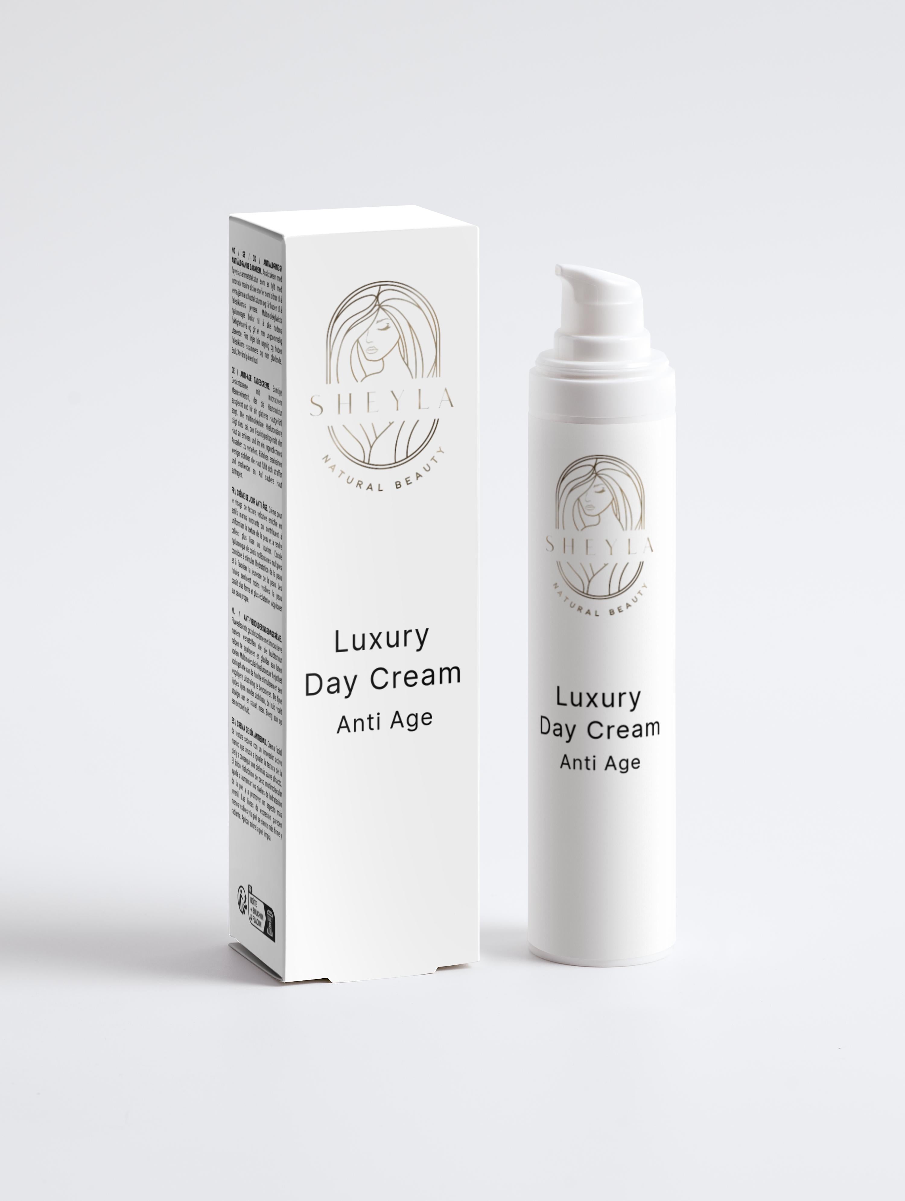 Sheyla Anti-Aging Tagescreme – weiße Creme-Dose  Produktname auf Vorderseite sichtbar, auf hellem Hintergrund
