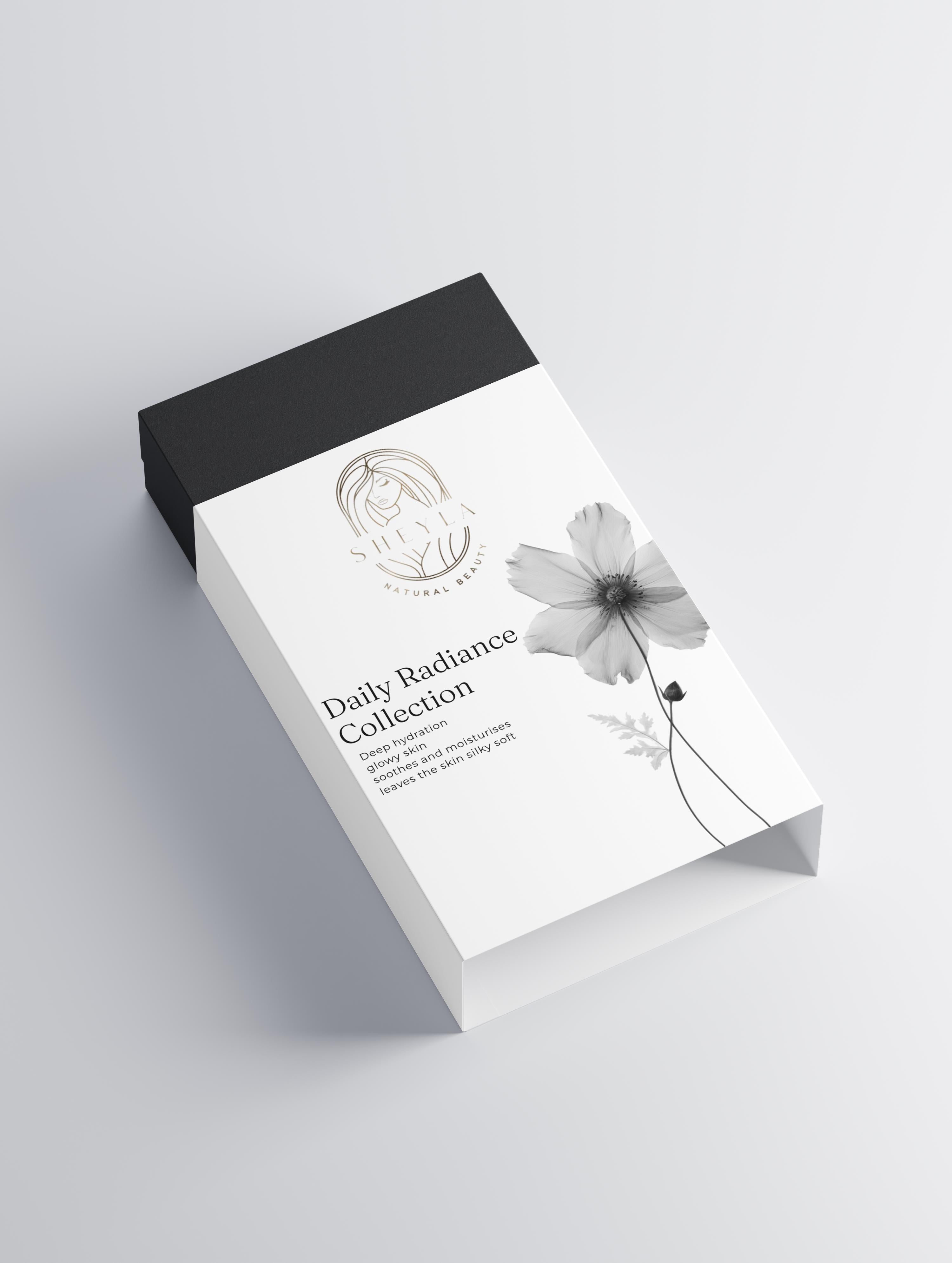Daily Radiance Collection von Sheyla – Pflegeset für die tägliche Gesichtspflege mit Gesichtsöl, Reinigungsschaum und Feuchtigkeitscreme, auf hellem Hintergrund präsentiert