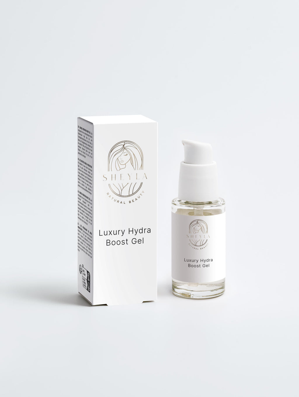 Luxury Hydra Boost Gel von Sheyla – transparente Geltextur in eleganter weißen Glas, auf hellem Hintergrund