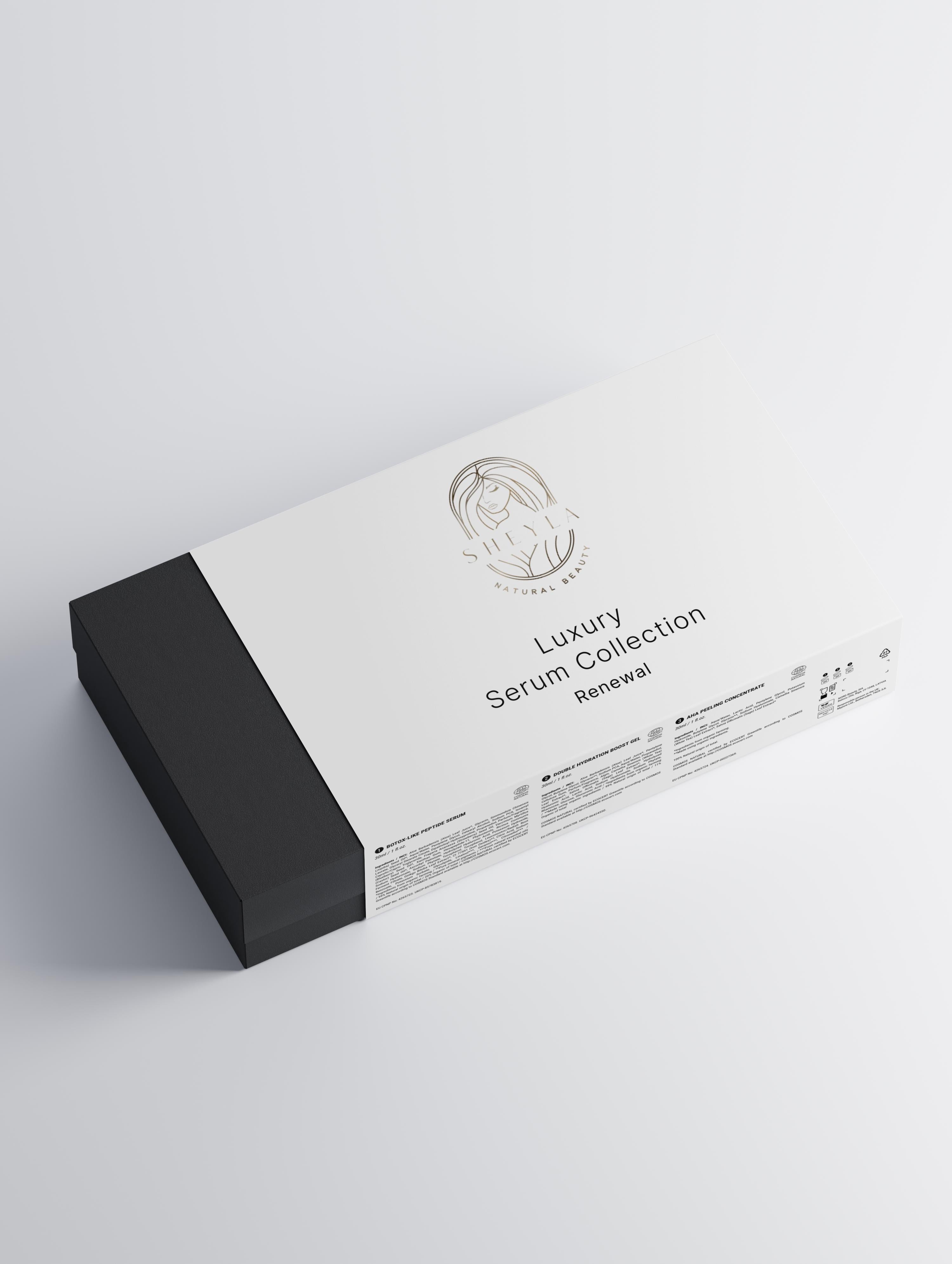 Luxury Serum Collection Renewal von Sheyla – Box mit drei hochwertigen Gesichtspflegeprodukten: Hydra Boost Gel, Lifting Peptide Serum und AHA Peeling Serum, dekorativ arrangiert auf hellem Hintergrund